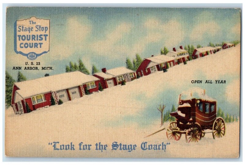 1955 Stage Stop Tourist Court Winter Snow Ann Arbor Michigan MI Vintage Postcard