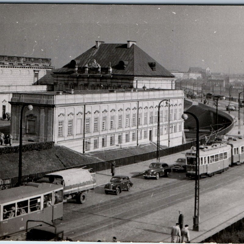 c1940s Warsaw Poland RPPC Copper Roof Palace Real Photo PC Streetcar Trolley A75