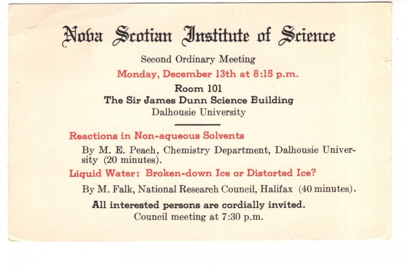 Postal Stationery Postcard Elizabeth II, Nova Scotia Institute of Science, 1967