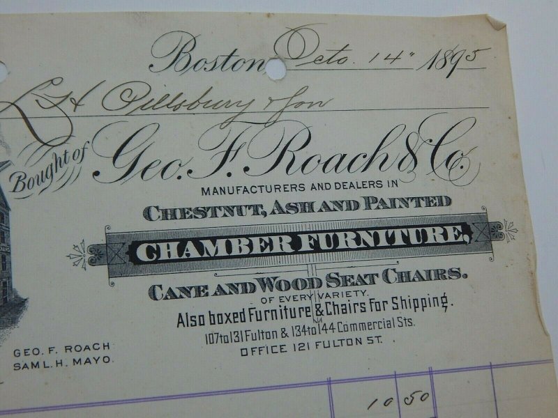 1895 Geo. F Roach & Co Chamber Furniture Sideboard Boston MA Letterhead