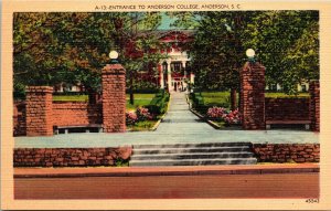 Entrance Anderson College SC South Carolina Linen Postcard VTG UNP Vintage 
