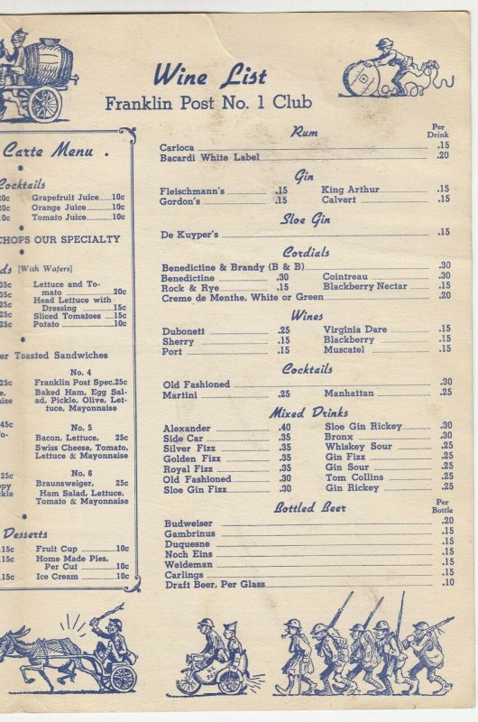 1930s Columbus Ohio Franklin Post Club American Legion Menu & Wine List Military