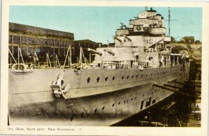 Postcard NB Saint John Heavy Cruiser in Dry Dock Giant Batteries 1930s K43