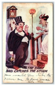 Vintage 1900's Comic Postcard Drunk Husband Comes Home to Yelling Wife FUNNY