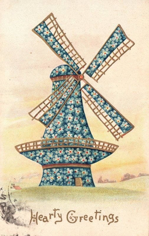 Vintage Postcard 1910's Hearty Greetings Windmill Made Of Flower Blue Petals 