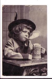 Photo of Small Child Drinking a Mug of Beer and Smoking a Pipe, Used 1906