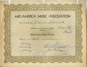 Mid-America Music Association Superior Rating Certificate Kansas City Band 1959 