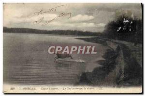 Old Postcard Hunting hounds has Compiegne Deer crossing the river