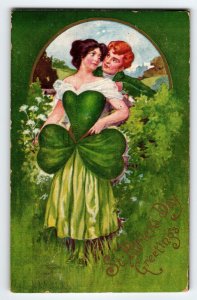 St Patrick's Day Postcard Ullman 157 Lady In Clover Shaped Victorian Dress 1912