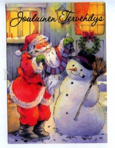 221780 FINLAND NEW YEAR smiling SANTA & snowman Old RPPC