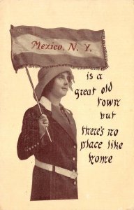 MEXICO, NEW YORK Oswego County Woman & Flag Greetings 1913 Vintage Postcard
