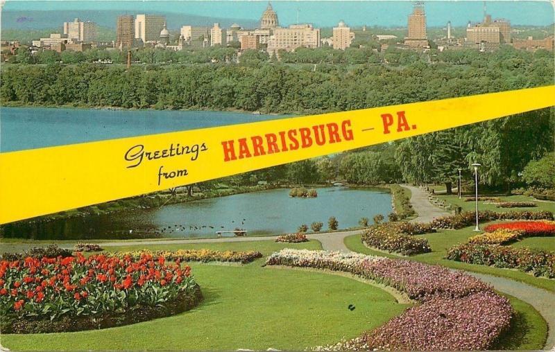 Harrisburg PA~Skyline & Capitol~Gardens at Italian Lake~1967 Banner Greetings 