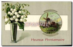 Old Postcard Fantasy Flowers Lily of the valley Windmill