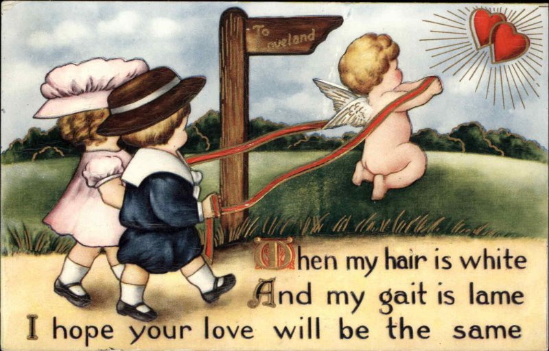 Valentine Fnatasy Little Girl and Boy Walking Cupid c1910 Vintage Postcard