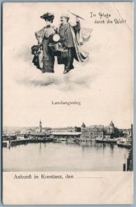 KONSTANZ GERMANY ANTIQUE POSTCARD collage TRAVELING COUPLE in CLOUDS