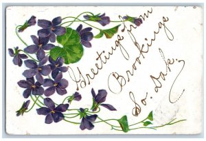 Brookings South Dakota Postcard Greetings Flower Embossed 1908 Vintage Antique