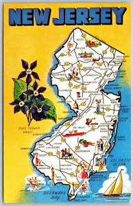 Vtg New Jersey NJ State Map Cities Roads Highways 1960s Chrome Postcard