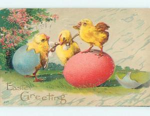 Surface Wear 1917 Easter CHICKS WITH COLORED EGGS AND PUSSYWILLOWS o6607
