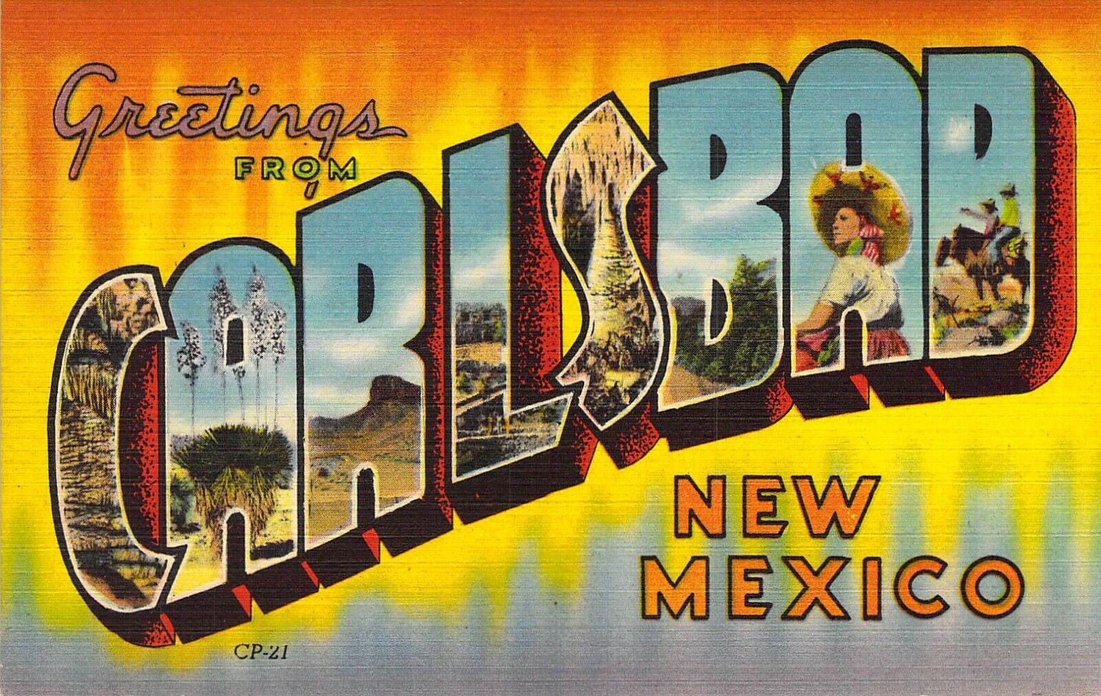 Linen Era, Large Letter, Carlsbad, New Mexico, NM, Old Postcard
