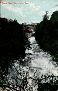 Postcard QC Sherbrooke Tumultuous Magog River Bridge in Background ~1910 K42