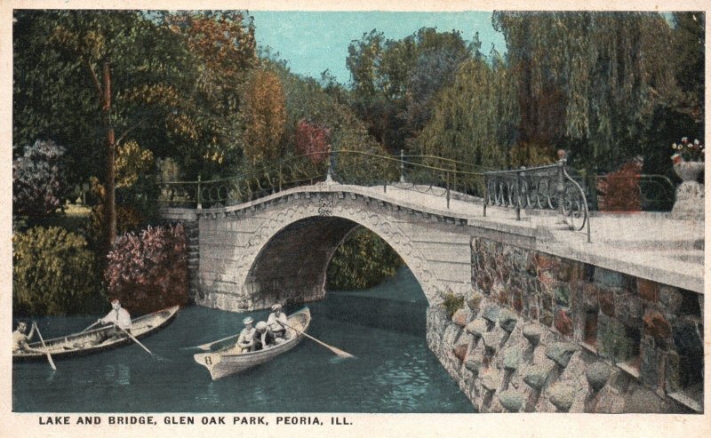 Vintage Postcard Lake and Bridge Boating Adventure Glen Oak Park Peoria Illinois