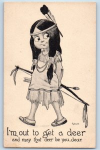Wall Signed Artist Postcard Indian Girl I'm Out T Get A Deer Seattle WA 1912