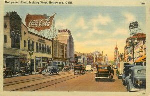 Linen Postcard; Hollywood Blvd Looking West, Hollywood CA Coca-Cola Billboard