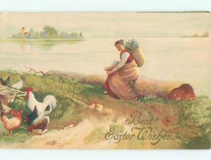 Pre-Linen Easter WOMAN WATCHING HER CHICKENS AB4079