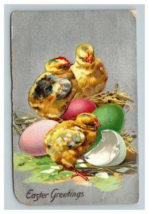 Vintage 1910 Tuck's Easter Postcard Silver Face Cute Chicks Colored Eggs