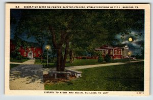 Night Times College Campus By Moonlight Radford Virginia Postcard Linen Unposted