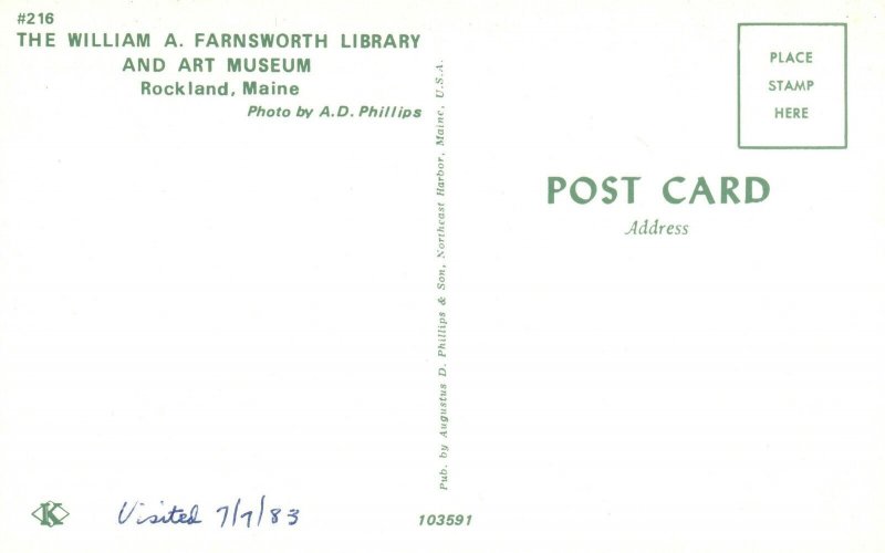 Vintage Postcard The William Farnsworth Library & Art Museum Rock Land Maine ME