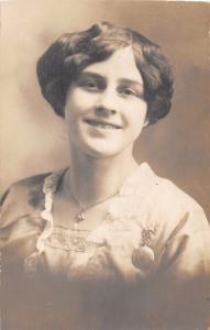 PORTRAIT OF WOMAN~NECKLACE & PIN~IDENTIFIED~ROSE BERG~REAL PHOTO POSTCARD