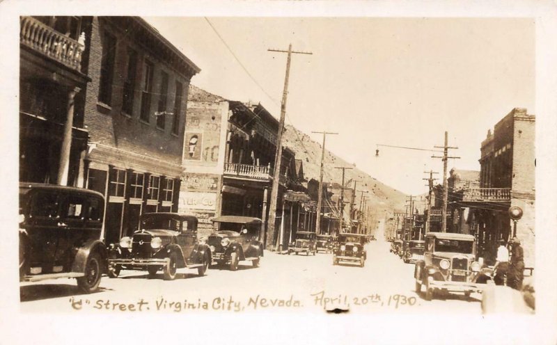 RPPC VIRGINIA CITY C Street Scene Old Cars April 1930 Nevada Vintage Postcard