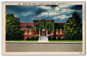 1944 Night Time Scene Kennedy Free Library Spartanburg South Caroline Postcard