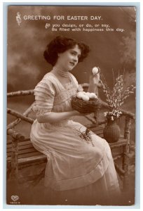 c1910's Easter Greetings Pretty Woman Holding Eggs Nest RPPC Photo Postcard