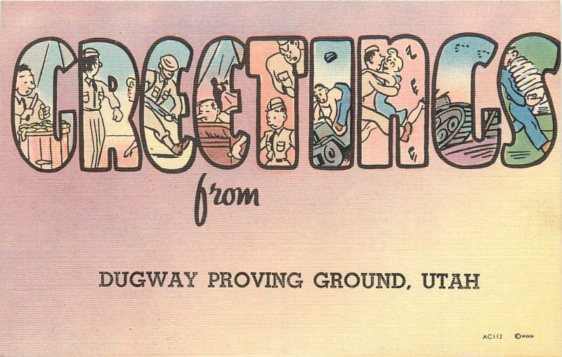 Linen WWII Postcard Large Letter Greetings From Dugway Proving Ground Utah