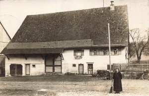 EUROPEAN COMBINATION BARN & HOUSE-WOMAN-BICYCLE~1910s PHOTO POSTCARD