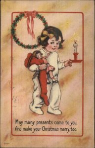 Christmas - Little Girl Ribbon in Hair Candle Stocking #9054 c1910 Postcard