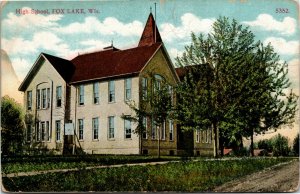 Vintage Postcard WI Dodge County Fox Lake High School Dirt Road ~1910 H26