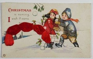 Christmas Children Snowballs Ribbon Glitter Margaret Price M.E.P. Postcard T16