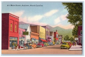 c1940's Main Street Town Classic Cars Building Andrews North Carolina Postcard