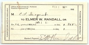 1922 WESTBROOK MAINE MILK PURCHASE ELMER W. RANDAL MILKMAN RECEIPT Z1170