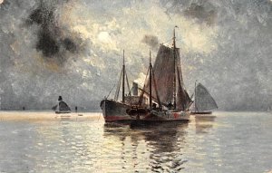 Unidentified Painting Steamer And Sailboat Sail Boat Ship 