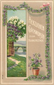 Embossed art nouveau name day greetings lilac flowers fantasy 1908 Switzerland