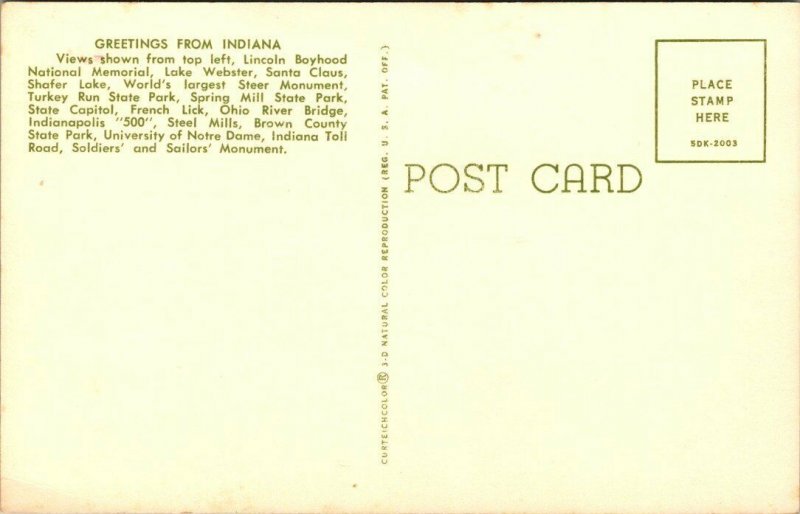 Vintage Postcard Indiana The Hoosier State Greetings Unposted  1050