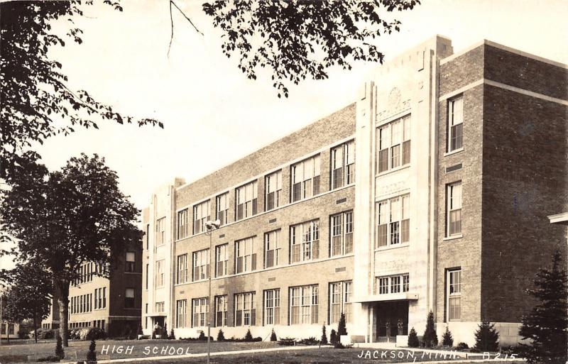 Jackson Minnesota~High School Building~Man @ Far Entrance~1944 RPPC