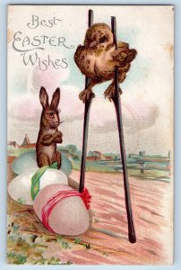 Easter Postcard Rabbit And Chick Stilts Eggs Clapsaddle Embossed c1905 Antique