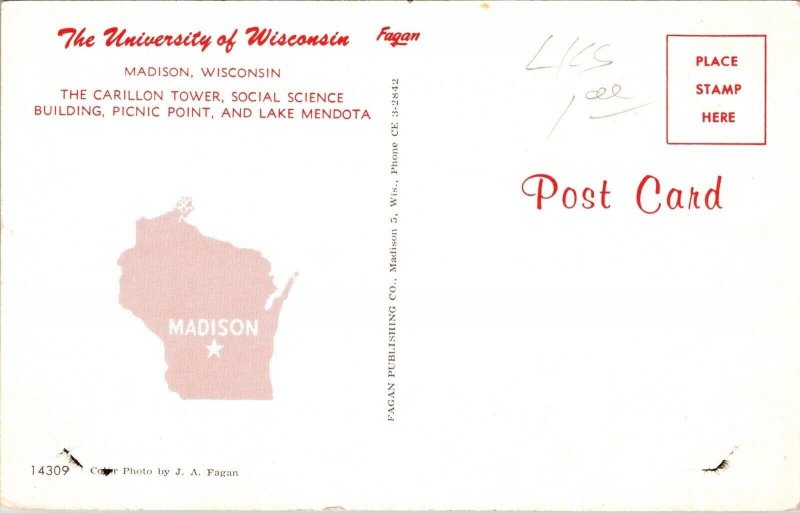 University Wisconsin WI Madison Postcard Air View Carillon Tower VTG Fagan UNP 