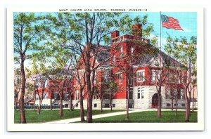 Postcard West Junior High School Parsons Kansas American Flag