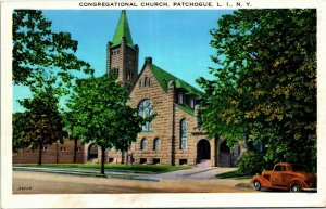 Postcard NY Long Island Patchogue Congregational Church Old Car 1930s S29